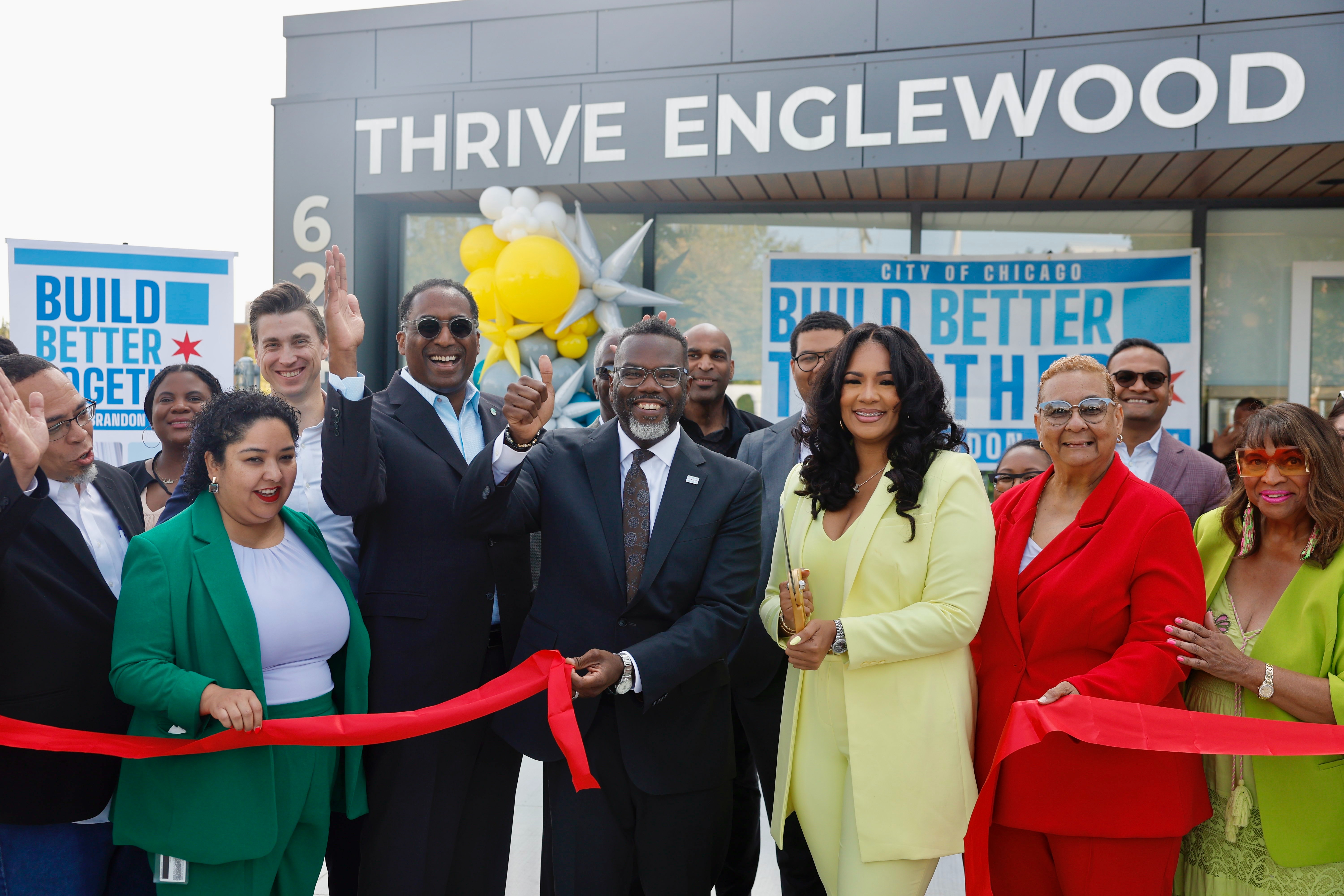 Mayor Brandon Johnson, Ald. Stephanie Coleman, and City leaders cut the ribbon at the Thrive Englewood affordable housing development.